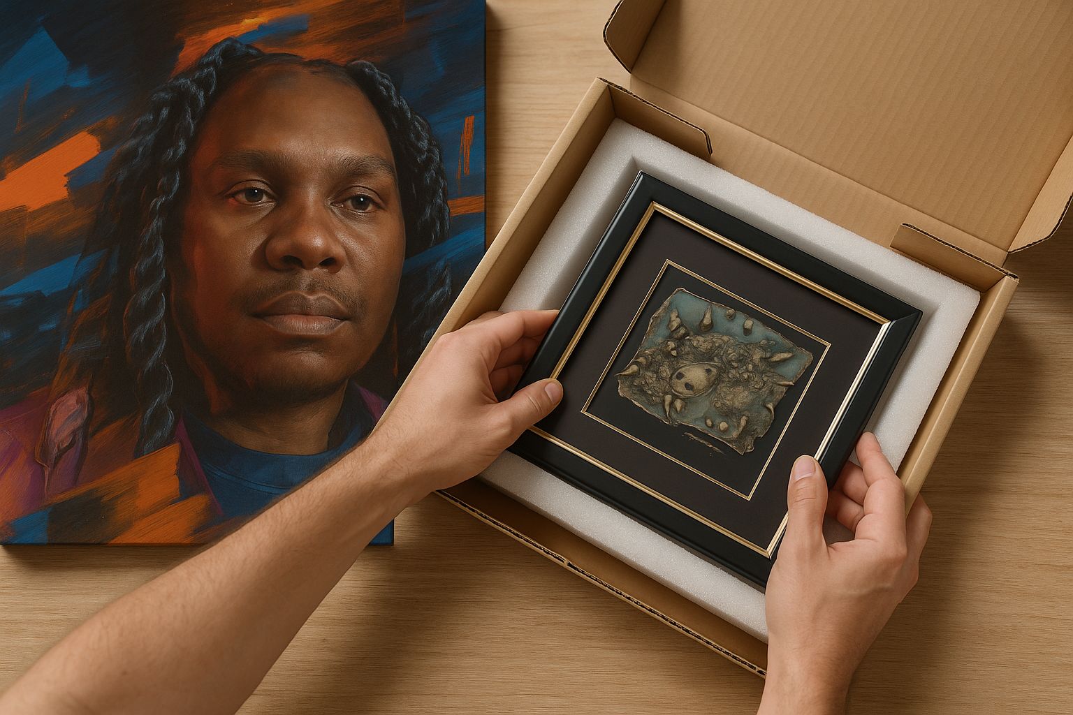 Ein großes, abstraktes Kunstwerk wird sorgfältig in einer Galerie verpackt.