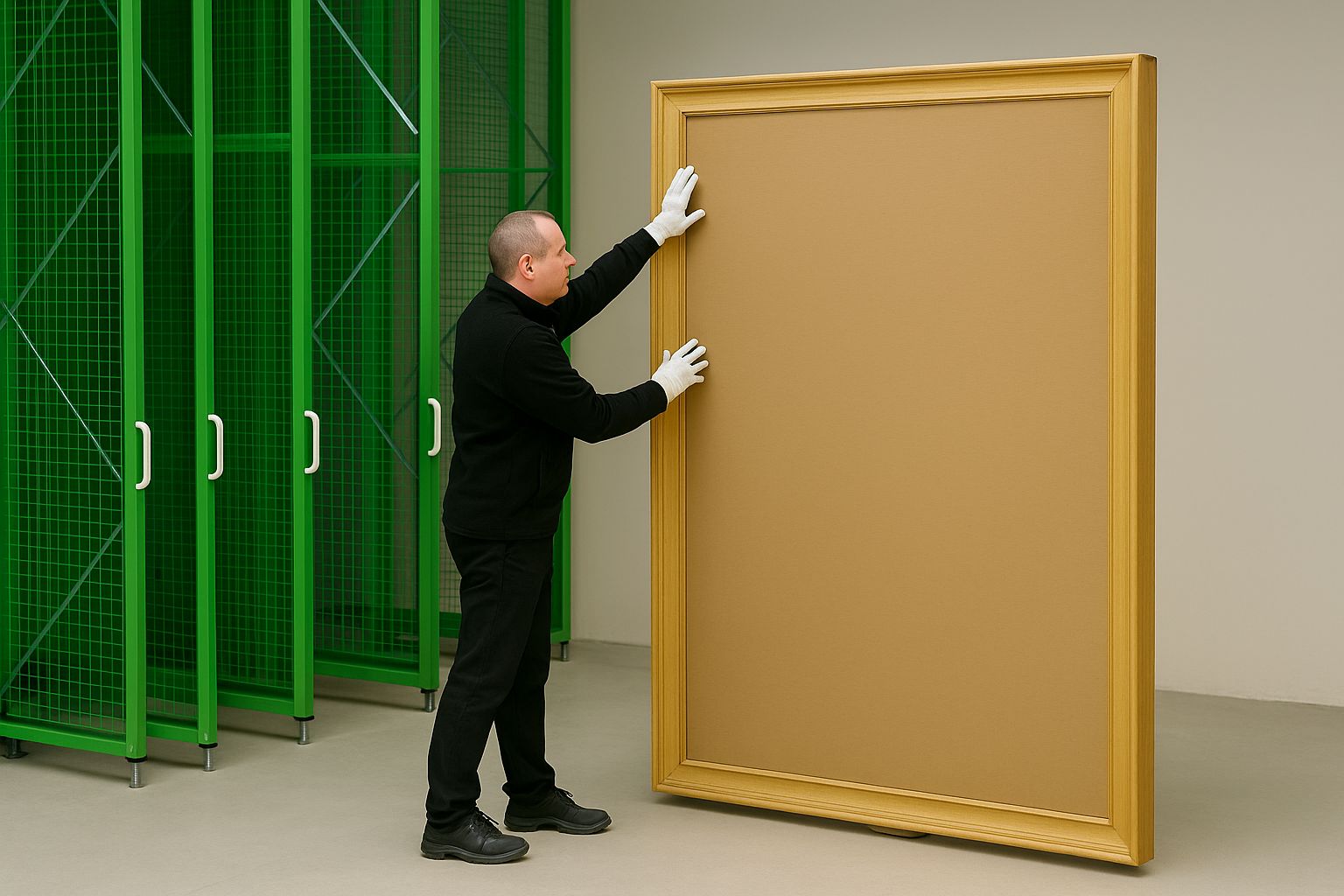 Ein gerahmtes Kunstwerk wird vorsichtig in eine Versandkiste verpackt.